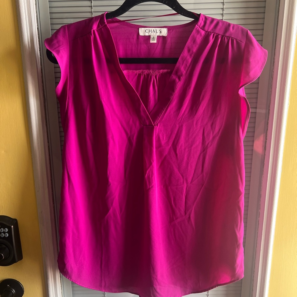 CHAUS New York Blouse Size S Flounce Sleeve V-Neck Flowy Fuschia Womens Top